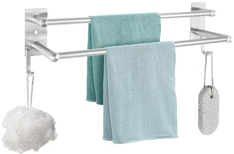 YKUKIZEE 40 cm Double Towel Rail Wall Mounted, 304 Stainless Steel Towel Holder Wall Mounted with Hook, 2 Tier Drill Towel Rack Silver for Bathrooms Bath Toilet Shower Hotel
