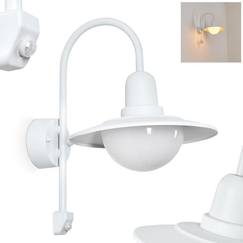 HOFSTEIN Außenwandleuchte Pohei, Wandlampe mit Bewegungsmelder aus Metall/Glas in Weiß, Wandleuchte 1 x E27, moderne Außenleuchte für Terrasse, Veranda u. Hof, IP44, ohne Leuchtmittel