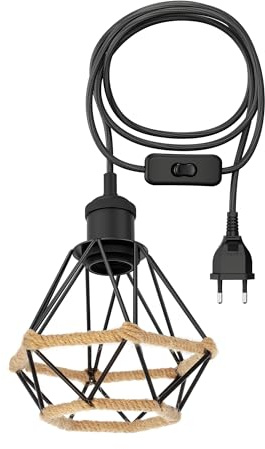 ledscom.de 3 m Textilkabel RETRA, Vintage, schwarz, E27 Fassung, Stecker, Schalter, Käfig-Schirm, schwarz mit Hanf, 155mm Ø