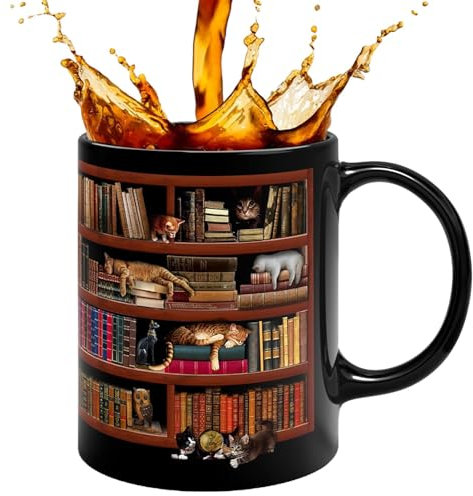 gifyym Ceramic Book Mug, 330ml Bookshelf Cat Design Book Mug, Ceramic Library Bookshelf Cup, Novelty Coffee Book Mug, Bookish Bookworm Mug for Reading Lovers and Librarian