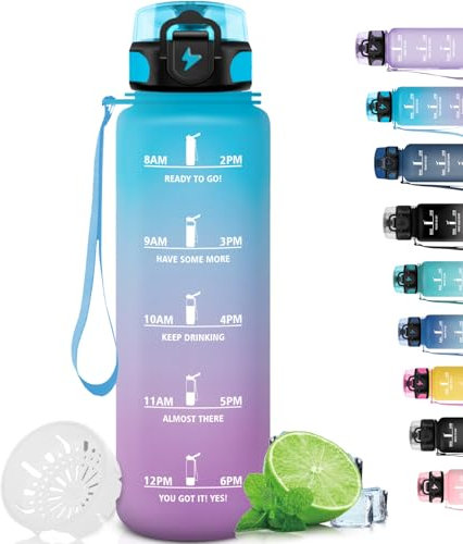 Grsta Botella Agua, Botella de Agua 1l con Filtro, Botella Agua Deporte a Prueba de Fugas, Botella Reutilizable con Marca de Tiempo, Botella Agua Gimnasio, Fácil de Limpiar, para Correr, Yoga