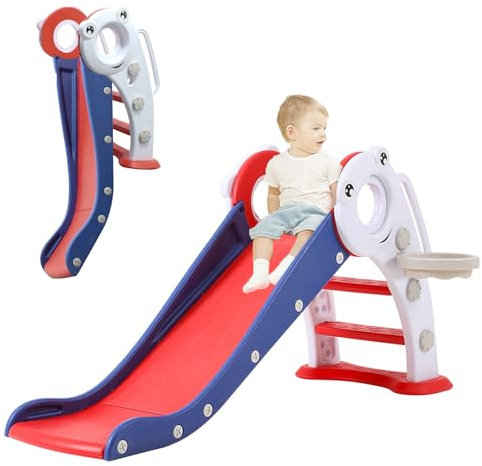 FUKEA 3 in 1 Toddler Slide, Folding Baby Slide Climbing Frame with Basketball Hoop, Indoor Outdoor Kids Garden Slide, Freestanding Slide for Toddlers Age 1-3