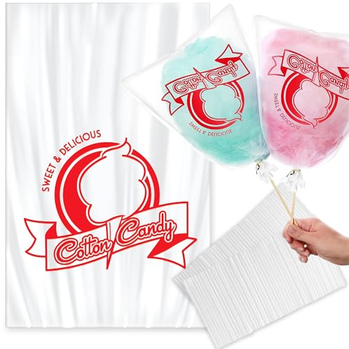 100 Cotton Candy Bags with Ties – 18.5 X 11.5 Thick Printed Bulk Cotton Candy Machine Supplies | Large Candy Bag Holder | Concession Stand Carnival Candy Bags