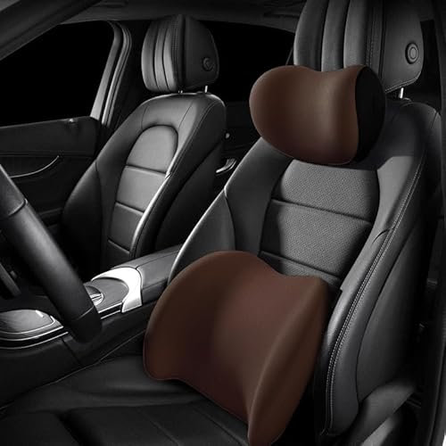 WHLXQ Ergonomische Kopfstütze und Lendenkissen für Autositze für Mercedes-Benz GLB SUV, Kissen Memory-Schaum, Kann Rückenschmerzen lindern,B/Brown-Headrest and Lumbar Cushion