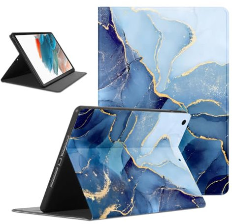 Kueqeay Hülle für Samsung Galaxy Tab A8 10,5 Zoll 2021 SM-X200/ X205/ X207, Aesthetic Marmor Motiv Design Dünn Leicht SchutzHülle mit Standfunktion TPU Rücken PU Leder Smart Folio Tablet Cover, Blau