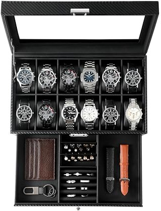 KILHS Watch Box for Men, 12 Slot Watch Case with Glass Lid, Lockable Double Watch Storage Box with 1 Wrawer for Rings, Earrings, Gift Idea, Black Synthetic Leather, Black Lining
