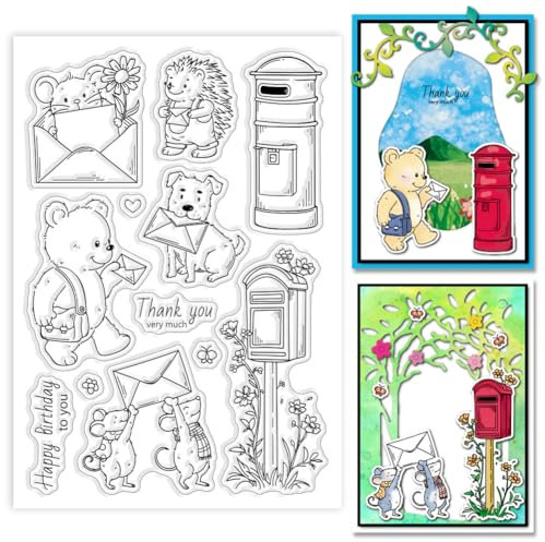 GLOBLELAND Postbote Tier Transparente Stempel für Scrapbooking Briefkasten Klare Stamps Hund Igel Bär Maus Blumen Silikonstempel Für Kartengestaltung DIY Prägung Journaling