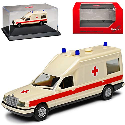 Mercedes-B Miesen E-Klasse W124 KTW Transporter Krankenwagen Rettungswagen 1977-1995 mit Sockel und Vitrine H0 1/87 Herpa Modell Auto