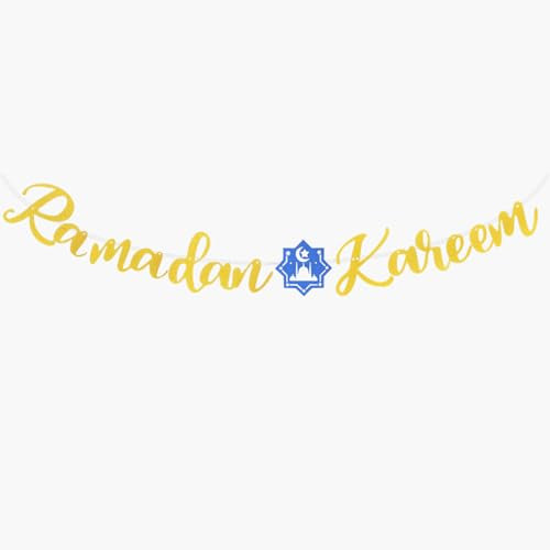 DazzJoy Ramadan Kareem Girlande Gold Blau, Glitzer Ramadan Deko Girlande Banner, Schloss Ramadan Mubarak Dekoration, Eid Mubarak Ramadan Girlanden für Lslamic Familie Festival Party,Ramadan Dekoration