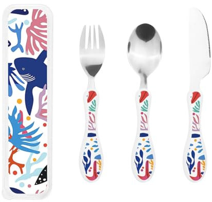 Ensemble de couverts pour enfants en acier inoxydable de qualité alimentaire (étoile de mer, requin, graffiti)