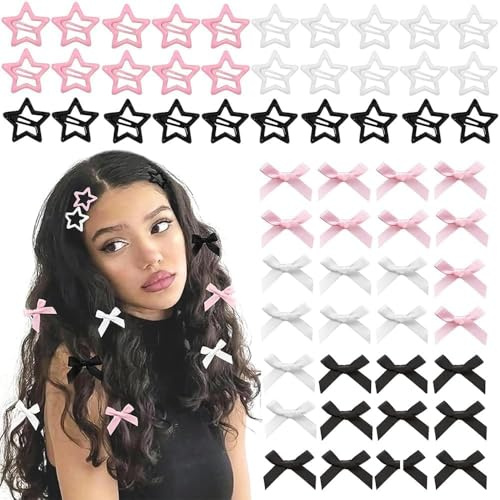 TTPSRY 60 Pezzi Mini Fermagli Fiocco & Stella, Set di Mollette Capelli BB a Stella e Fiocchetti in Raso, Accessori Capelli per Bambina Donna Ragazza, Leggeri e Versatili, 3 Colori (Rosa/Nero/Bianco)