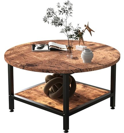ARFARLY Round Coffee Table for Living Room, 2 Tier Coffee Tables with Storage Shelf, Modern Farmhouse Circle Center Table with Sturdy Metal Frame Home Furniture, Rustic Brown