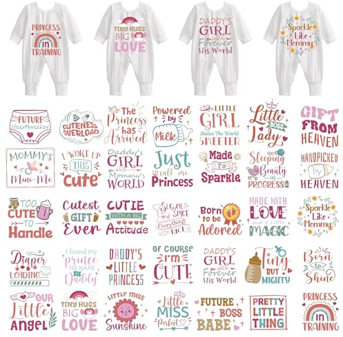 Baby Girl Iron Transfers Patches – 36 Pcs Pink DTF Heat Iron On Transfer Stickers Patches for Baby Bodysuits T-Shirts Onesies Ready to Press DIY Baby Shower Decoration Kit
