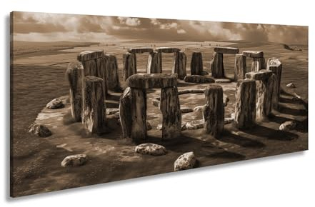 Leinwandbild Stonehenge erwacht – uralte Stille im grünen Morgenlicht. Panorama 120x60cm Effekt: Sepia XXL Kunstdruck Bild auf Keilrahmen/Wandbild/Wohnzimmer Dekoration
