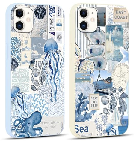 Vxinvnoi 2 Stück Handyhülle für iPhone 12/iPhone 12 Pro Hülle, Collage Motiv Aesthetic Meer Bunt Sommer Muster Mädchen Case, Weich Silikon TPU Stoßfeste Kratzfest Schutzhülle für iPhone 12 6,1, Blau