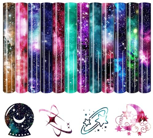 HTVSTD 12 Sheets Galaxy Iron on Vinyls HTV Transfers Ready to Press Lettering Film Iron on Vinyls for T-Shirts Color Heat Transfer Vinyl for DIY Patches