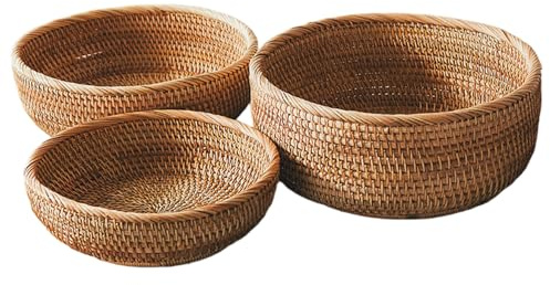 NASSMOSSE Corbeilles à Pain, 3 paniers Ronds en rotin tressé, Rangement du Pain Naturel pour la Cuisine, la Salle à Manger, Le Magasin et Le café.