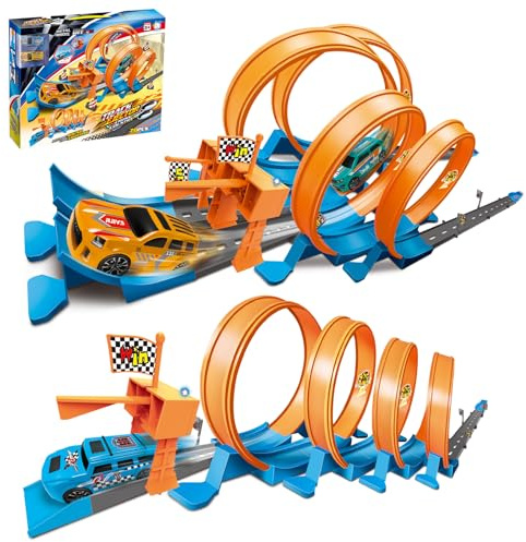 LTFIOON Autorennbahn für Kinder, Auto Spielzeug mit 4 Looping Tracks und 2 Spielzeugauto, Looping Twister Set, Bahn Track Builder, Autorennbahn Bauset für Kinder ab 3 4 5 6 7 8 Jahre (A)