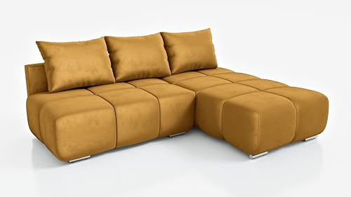 DMSM Ecksofa Flash 260 cm Rechts – Gelb Samt Sofa mit Schlaffunktion & Bettkasten, modern
