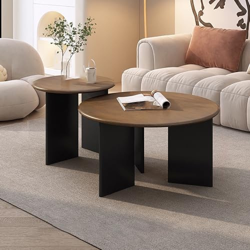 JDPYURV Wohnzimmer Couchtisch Und Beistelltisch Set Aus 2 Massivholz Tischchen, Vintage Design Runde Coffee Table Im Mid Century Stil, Landhaus Optik Walnuss Finish(70+50cm/27.5+19.6in)
