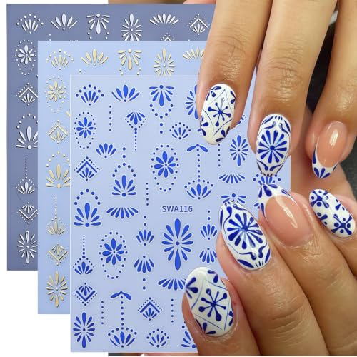Zosutetoxo 3 Pieces Self-Adhesive Flower Nail Stickers in Gold, Silver and Blue, for Nail Design and Mobile Case Decoration
