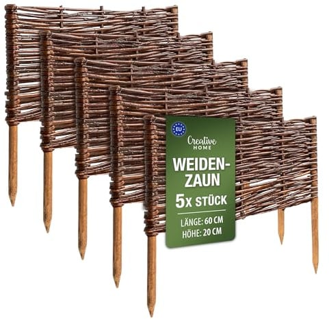 Creative Home Beeteinfassung Weide Weidenzaun 5er Set 60 x 20 cm (+/-1cm) | Gartenzaun Beetumrandung Steckzaun | Rasenkante Beetbegrenzung | Dekorativer Zaun Garten