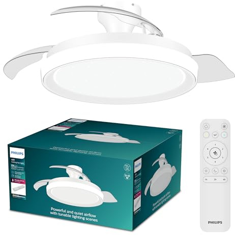 Philips Bliss, Ventilatore a soffitto, 3 pale retrattili e LED, Bianco | Pala aperta 106 cm, 4500 lm, Luce bianca, Dimmerabile, 3000-6500 K, Regolabile fino al 5%, Telecomando incluso
