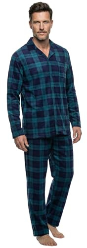 Henry Terre Herren Pyjama Kent Velour Schlafanzug Set M-3XL Baumwolle Hose & Langarm-Shirt Sportliches Karo Design