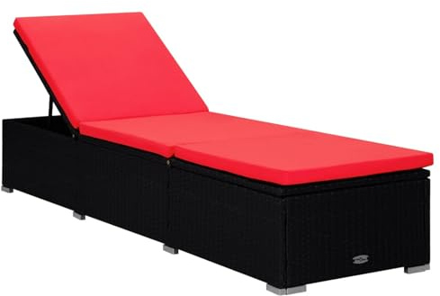 ATOMSTACK MAKER HOMELEN Sonnenliege mit Teetisch & Auflage – wetterfeste PE-Rattan-Chaiselongue in Rot/Schwarz, verstellbar, 195 cm, für Balkon, Terrasse & Garten