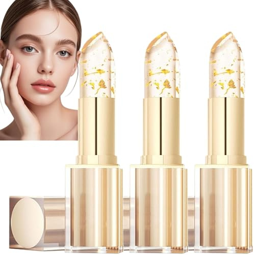 3PCS Colour Changing Lipstick,PH Adaptive Lipstic/k, Lip Balm with Gold Foil,Transfer-Proof Gold Crystal Temperature Changing Lipst/ick & Lip Balm Set,Long-Lasting Moisturizing Lip Gloss