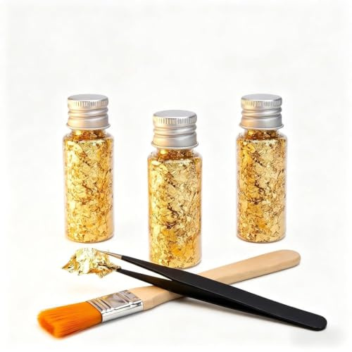 DiiWmme 3 Flaschen Blattgold Tortendeko mit Pinzette & Pinsel | Torten Zubehör, Goldfolie für Torten Deko, Kuchen, Backen, Dessert, Schokolade, Kunsthandwerk und Hautpflege -Farben Gold