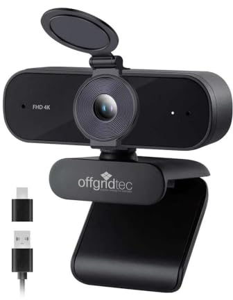 Offgridtec UHD 4K Webcam mit Mikrofon & Objektivabdeckung | Autofokus | Dual-Mikrofon | Automatische Lichtkorrektur | 70° FOV | USB-A/USB-C | Für Windows, Mac, Linux, Android, FaceTime, Zoom & Teams