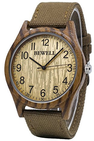 BEWELL Herren Uhr Aus Holz Analog Japanisches Quarzwerk mit Nylon Armband Rund Holzarmbanduhren für Männer (Braun)