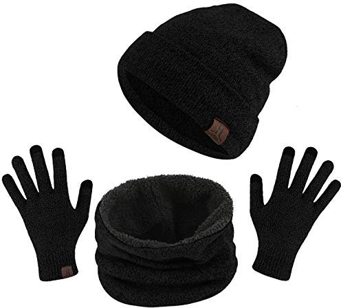 TAGVO Tricotés Ensemble d'hiver Bonnet écharpe Gants d'écran Tactile 3 en 1, Doublure Molleton Doux Bonnet tricoté Chaud Cache-Cou Extensible Gants tactiles à 3 Doigts pour Homme Femme