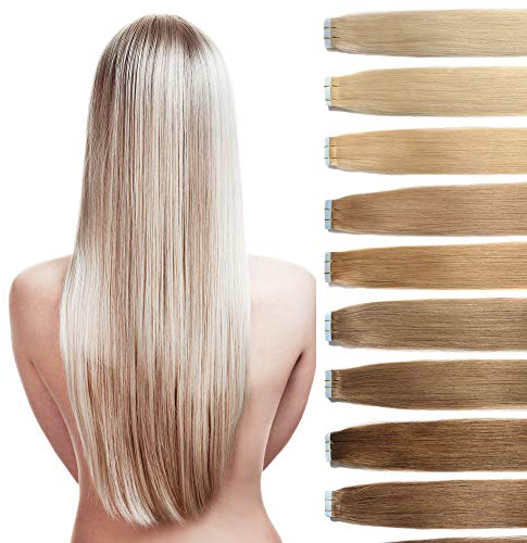 Tape Extensions Echthaar Haarverlängerung 60cm Tape In Haare mit Klebeband 20 Tressen x 4 cm breit und 2,5g Gewicht pro Tresse Farbe #613 Helllichtblond