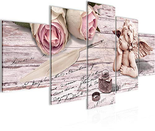Runa Art Wandbilder Engel Blumen 5 Teilig Bild auf Vlies Leinwand Deko Wohnzimmer Vintage Feder Rosa 005752b