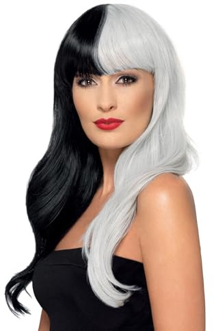 Smiffys Deluxe Wig, Half & Half With Fringe, Black & Grey Heat Resistant/Styleable, Ladies Glamour Wigs Fancy Dress, Halloween Dress Up Wigs