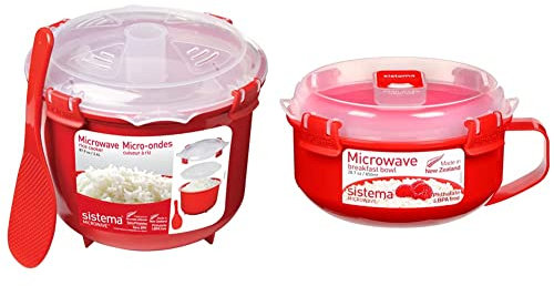 Sistema Microwave Rice Cooker | 2.6 L | Dishwasher Safe Small Rice Cooker| Red & Microwave Breakfast Bowl | Round Microwave Container with Lid & Steam Release Vent | 850 ml | BPA-Free | Red | 1 Count