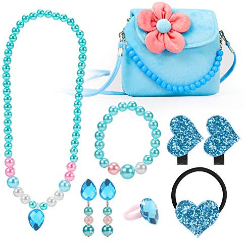 Hifot Kinderschmuck Kleine Mädchen Plüsch-Handtasche Halskette Armband Ohrringe Ring Haarspangen Haarbänder Set, Prinzessin Kleid schmuck Party Favors Geschenk zum Pretend Play