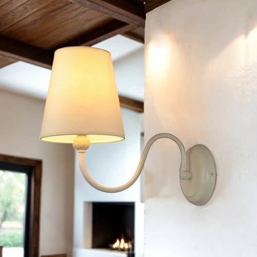 Wandleuchte aus Metall in weiß & Stoffschirm E27 bis 60W H: 30cm Landhaus für Flur Wohnzimmer Schlafzimmer Innen Wandlampe