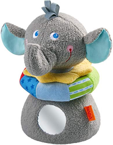 HABA 305086 - Stapelfigur Elefant Eric, Kuscheltier mit Fühl- und Spieleffekten wie Spiegelfolie und Greifring, Stoffspielzeug ab 10 Monaten