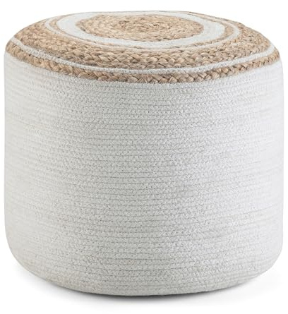 SIMPLIHOME Serena Round Braided Pouf - 18 inch Wide Upholstered Jute and Cotton Ottoman in Natural, Boho-Style Footstool or Extra Seating for Living Room with Polystyrene Bead Filling, Assembled