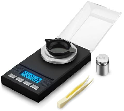 Flexzion Báscula digital de miligramos 0.001g a 50g, Escala de precisión portátil con plato de pesaje, pinzas, luz de fondo, calibración de peso de 50g, 2 pilas AAA y recipiente contenedor