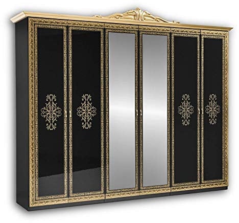 Stella Trading ELIZA Königlicher Kleiderschrank mit Spiegeltüren & viel Stauraum - Vielseitiger Schwebetürenschrank im Barock Design Schwarz, Gold - 282 x 232 x 60 cm (B/H/T)