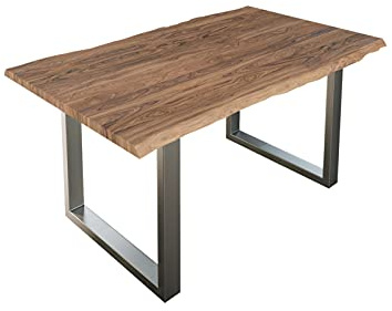 SAM Esstisch Lauren 160x85 cm Akazie Stone Baumkante U-Gestell Silber | Baumkantentisch massiv, Akazienholz stonefarben, Metallgestell, Esszimmertisch