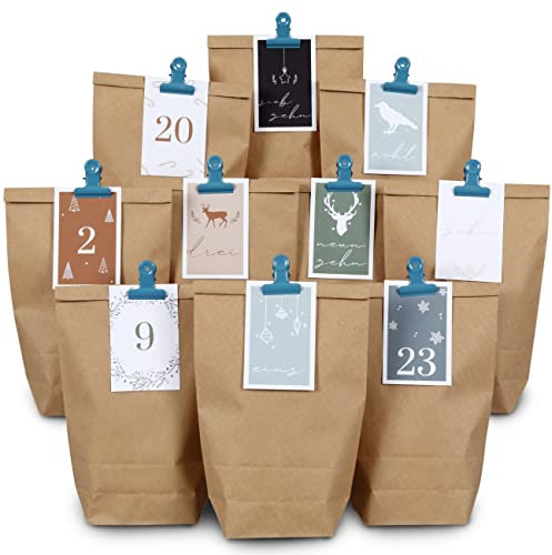 Papierdrachen DIY Adventskalender zum Befüllen - 24 Geschenktüten und 24 Visitenkarten mit Zahlen und Metall-Klammern - Blau-Grün - zum Selberbasteln - Weihnachten