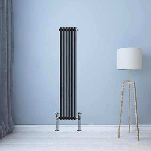 NRG Cast Iron Style Radiator Black Traditional Vertical 3 Column Central Heating Radiators 1500 x 290mm with Angled Pair of Valves