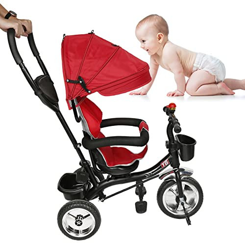 LANTUS 4 in 1 Kinderdreirad Tricycle für Kinder ab 12 Monate bis 5 Jahren mit Abnehmbarer Sonnendach & Schubstange, Dreirad, Jogger, mit Dachfenster, Sicherheitsgurte, Freilaufrad