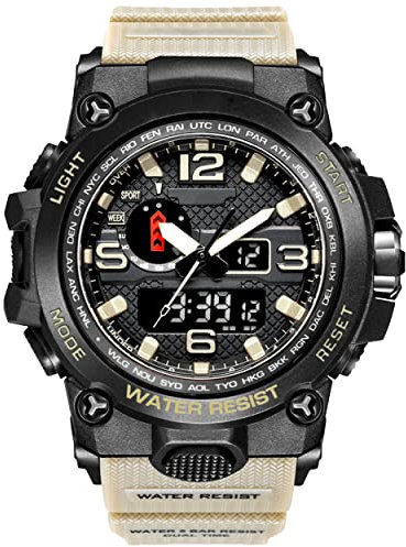 Digitale Analoge Sportuhr Herren, 5 ATM Wasserdicht Sport Armbanduhr mit Wecker Stoppuhr Countdown LED Kaltlicht für Herren -Khaki