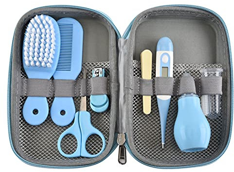 8 in 1 Babypflegeset mit Haarbürste,Nagelknipser, Nasenreiniger, Fingerzahnbürste, Schere für die Babypflege, hält gesund und sauber, Neugeborenenpflege für die Babypflege (blau)